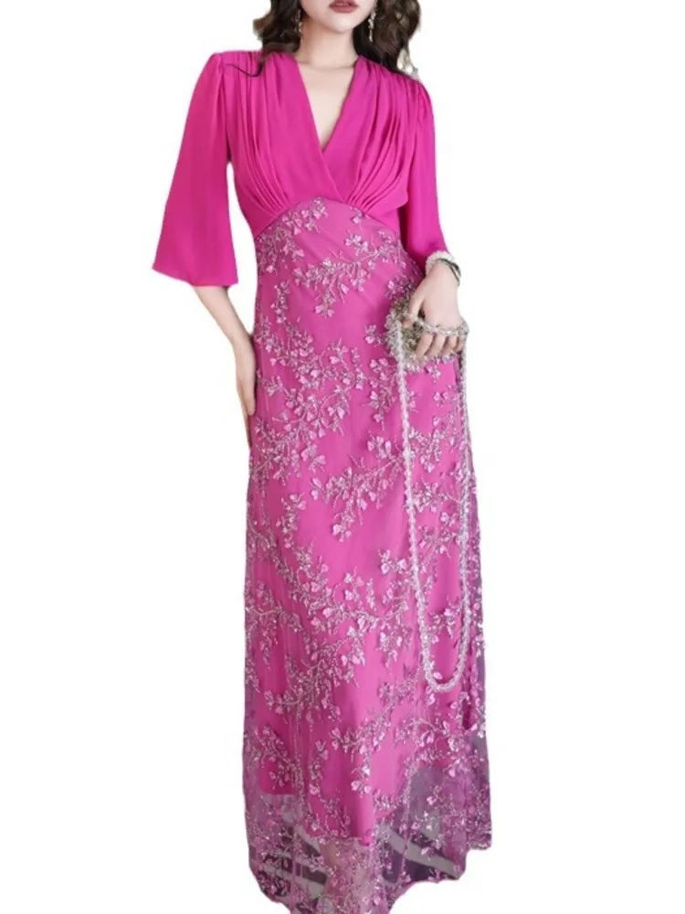 Женское платье с блестками и бусинами LGRQ лоскутное коротким рукавом V-образным