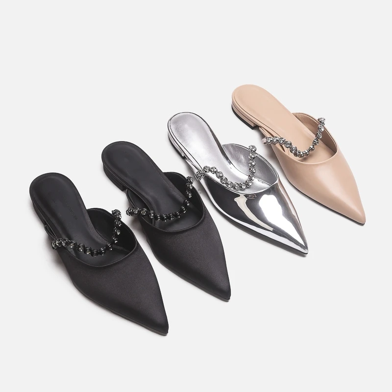 

Delicate Leather Rhinestone Belt Sandals Woman Pointed Toe Slippers Flat Low Heels Mules Ladies Casual Slides Home&Outside Shoes