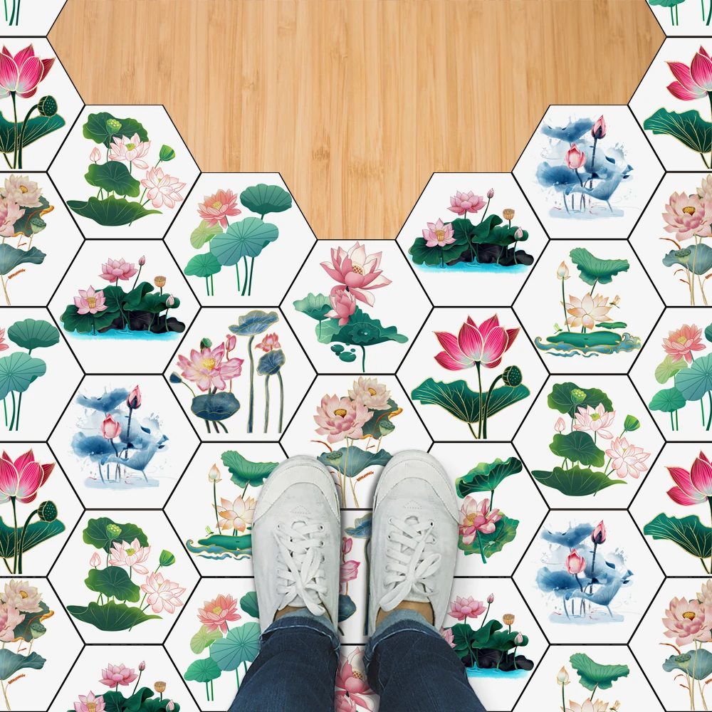

10pcs Fresh Lotus Hexagon Tiles Floor Stickers Kitchen Bathroom TV Sofa Wall Peel & Stick Twill Surface Waterproof Wall Decals