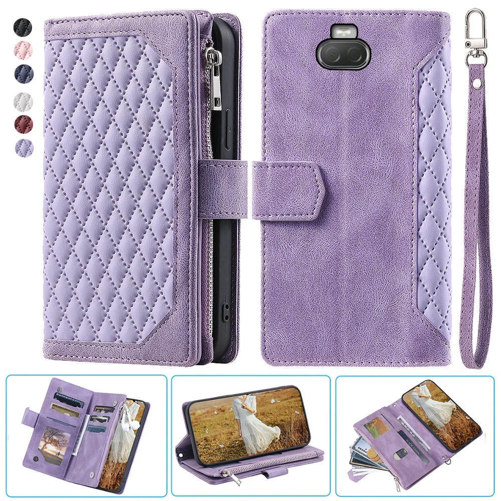 

For Sony Xperia 10 Fashion Small Fragrance Zipper Wallet Leather Case Flip Cover Multi Card Slots Cover Folio with Wrist Strap