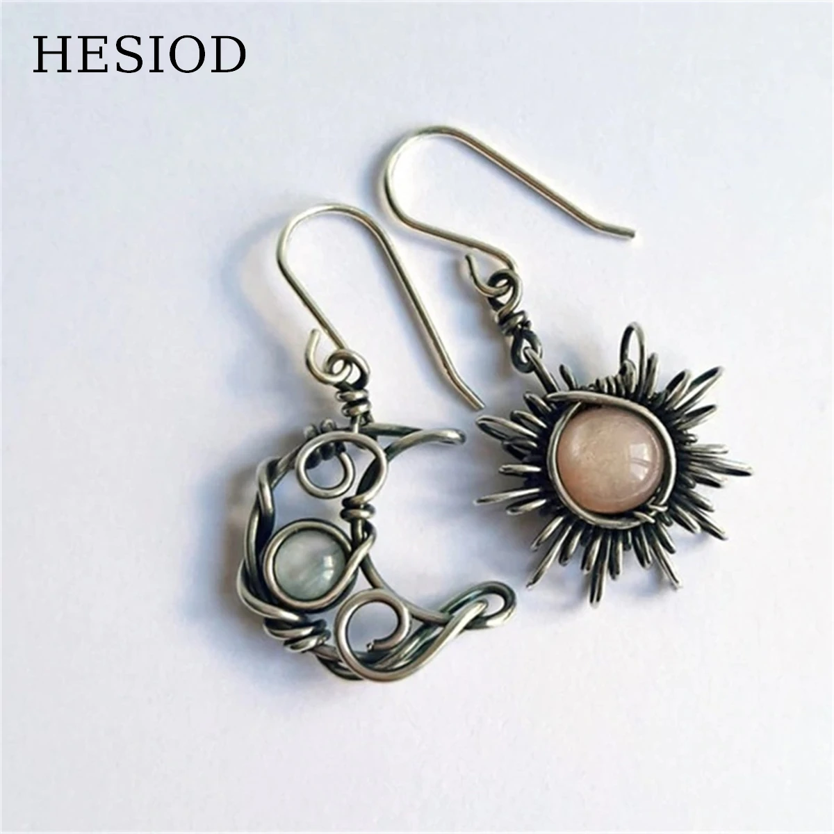 

New Vintage Bohemian Moon Sun Moonstone Asymmetrical Pendant Hanging Dangle Earrings For Women Piercing Jewelry Accessories Gift