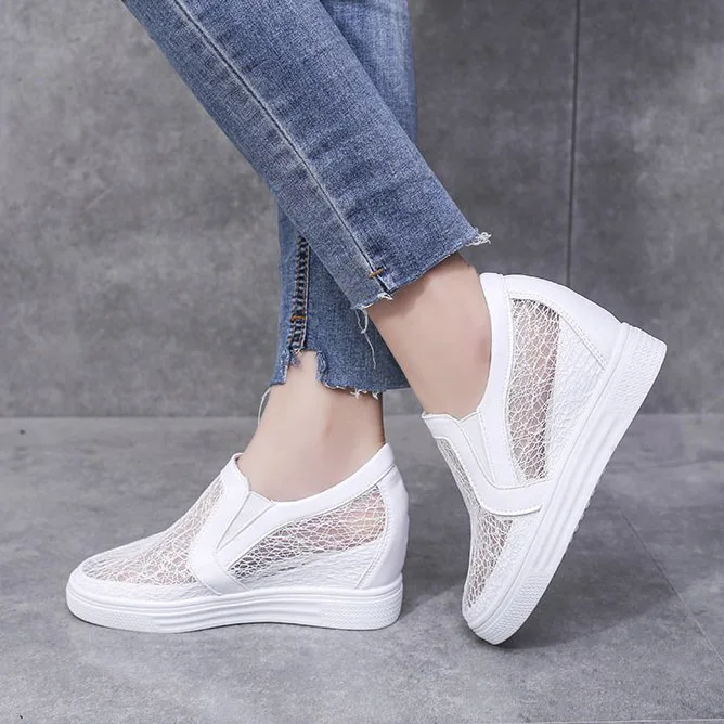 Кроссовки на танкетке женские сетчатые дышащие повседневная обувь толстой