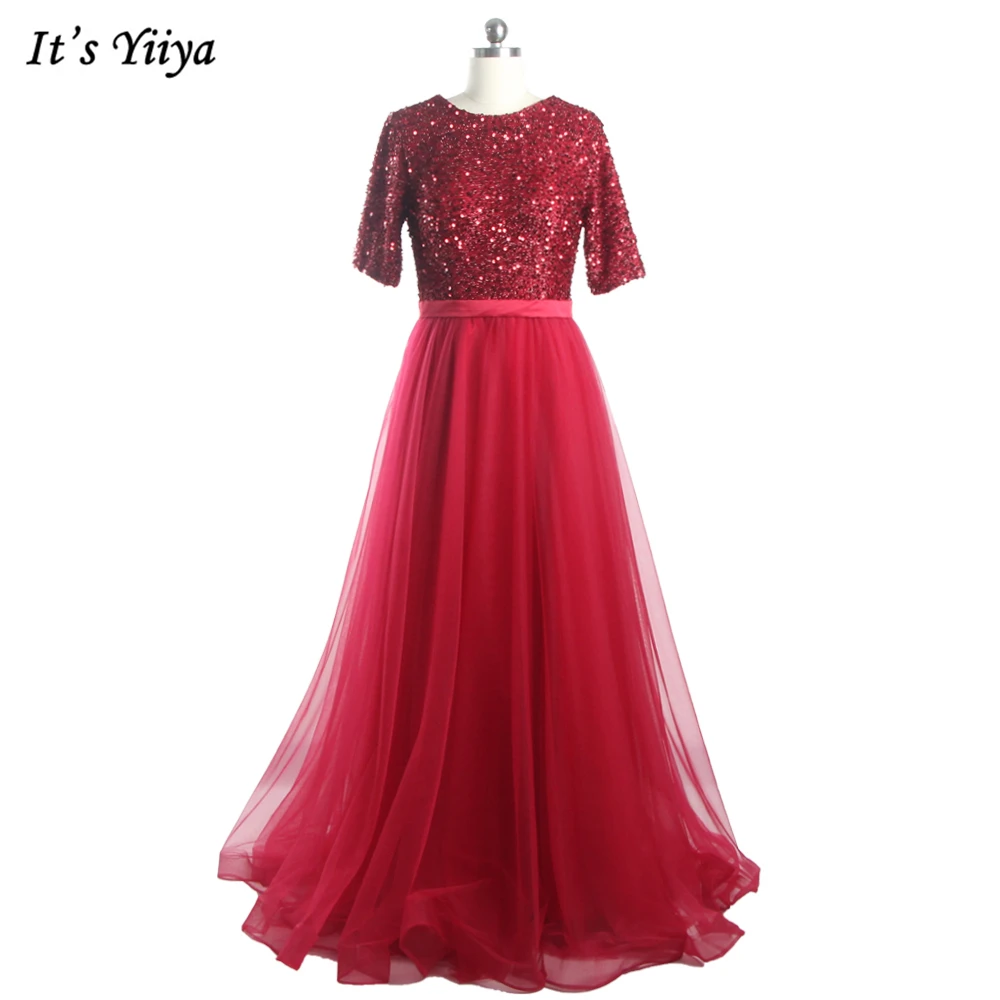 

Evening Dresses Burgundy Sequins Tulle O-neck Short Sleeves Zipper Back A-line Floor Length Plus size Women Party Dress AR253