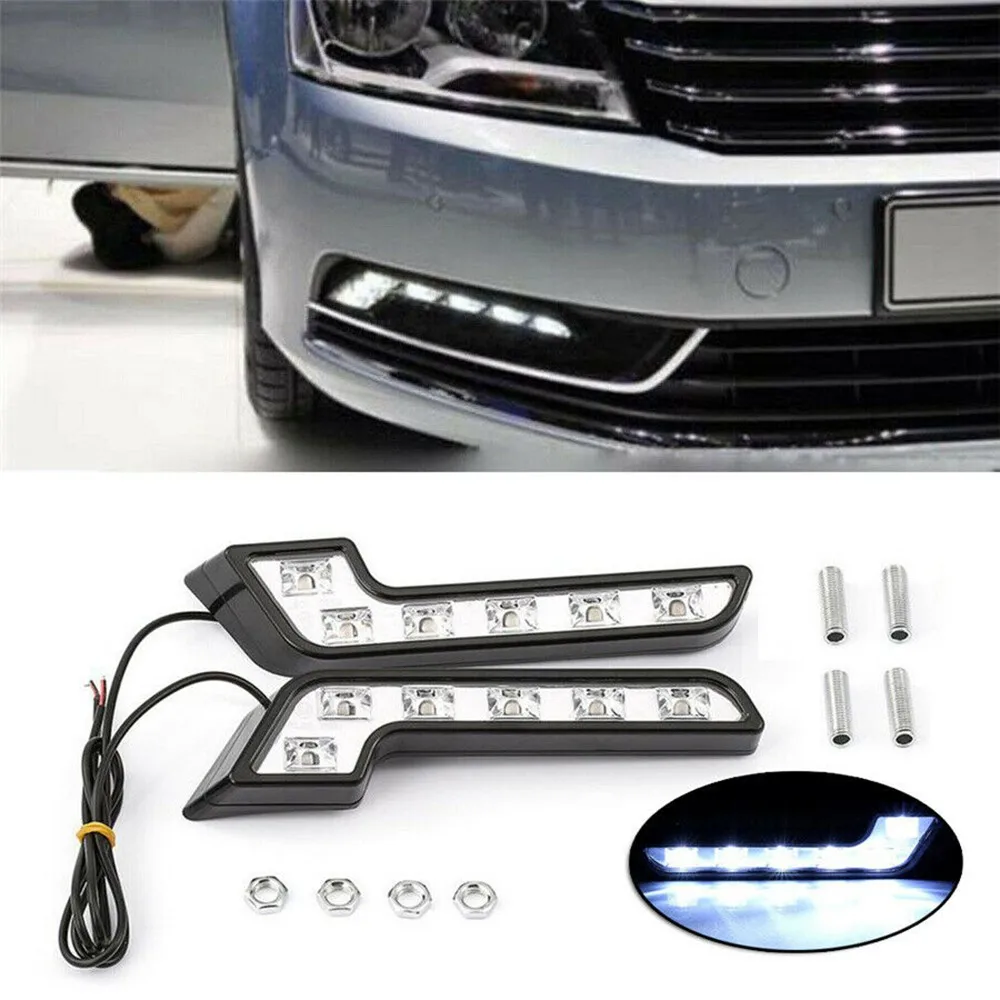 

2pcs Car Day Light Super Bright 6 LED 12V Daytime Running Lights Driving Fog Lamp L-Shaped Car Exterior Accessories