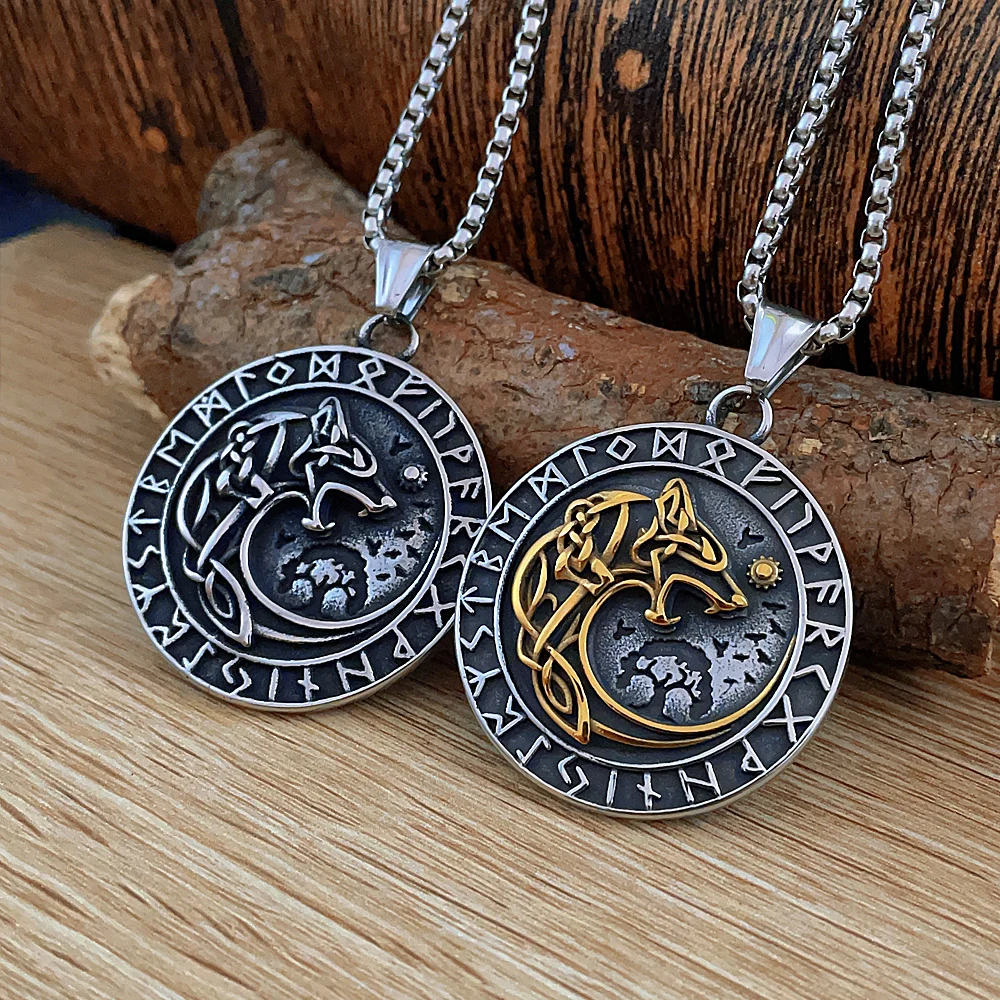 

Norse Mythology Odin Wolf Necklaces Men Stainless Steel Viking Runes Vegvisir Pendant Chain Scandinavian Vintage Male Jewelry