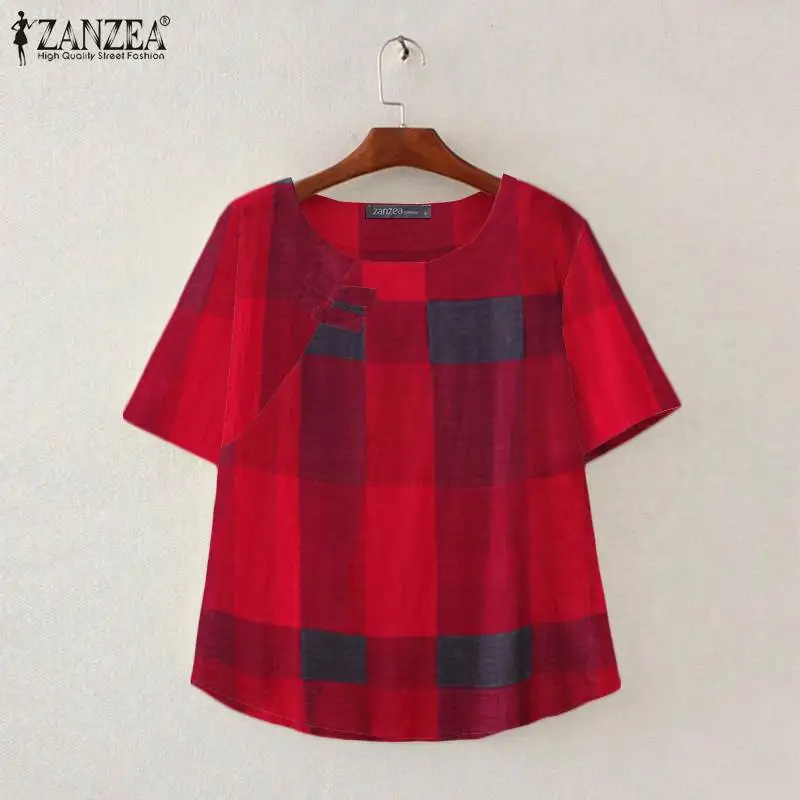 

Summer ZANZEA Women Plaid Blouse Shirts 2022 Short Sleeve Button Up Tops Oversized Casual O Neck Blusa Femininas Chemise