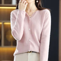 2022 early spring new cardigan v neck solid color casual loose all match coat sweater pure wool knitted sweater