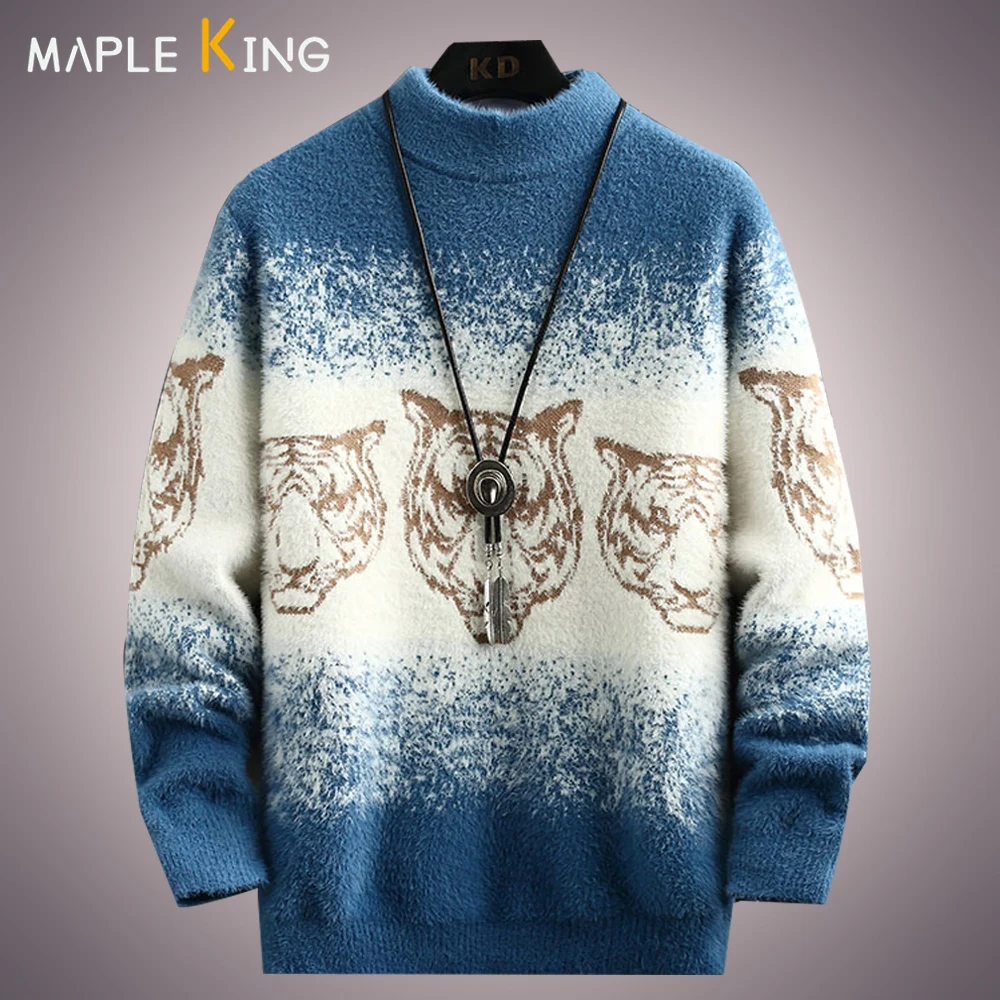 Мужские повседневные свитера в стиле хип-хоп с принтом тигра и круглым вырезом