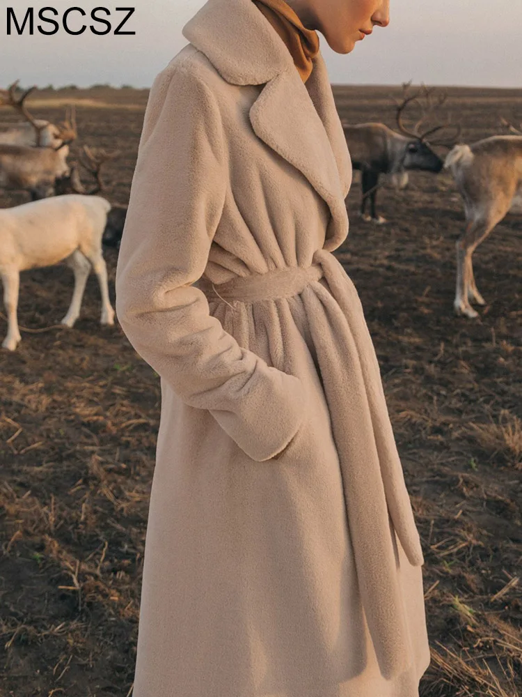 Long Faux Fur Coat Women Lapel Collar Double Breasted Oversized Winter Jacket Women 2022 Fashion Warm Parka Overcoat With Belt