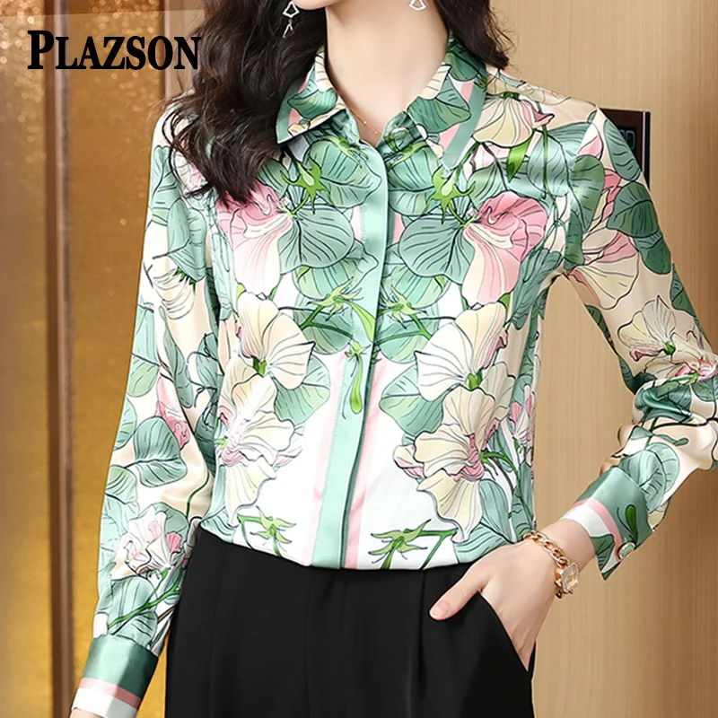 

PLAZSON Fashion Printing Women's Blouses Summer Long Sleeve Lapel Satin Shirt Plus Size Casual Tops Blusas Mujer Roupas Feminina