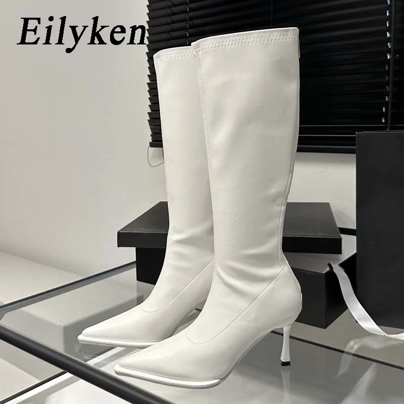 

Eilyken/Сапоги до колена из мягкой кожи с острым носком; Пикантные женские туфли-лодочки на молнии на тонком каблуке; Женская Современная эластичная обувь