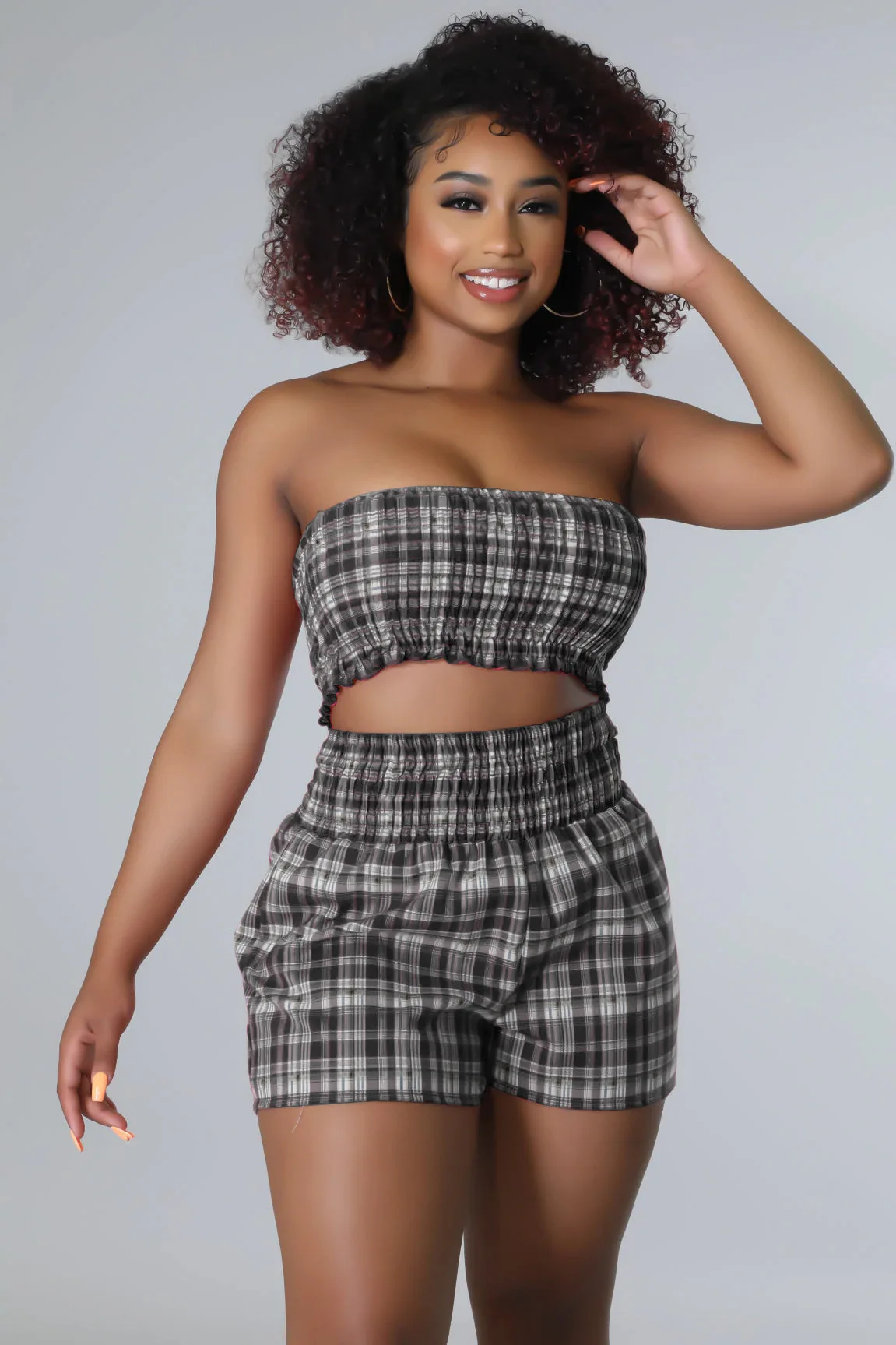 

Summer New Women's Suit Fashion Plaid Print Tube Top High Waist Shorts Elastic Breathable Seaside Vacation Leisure Two-piece Set