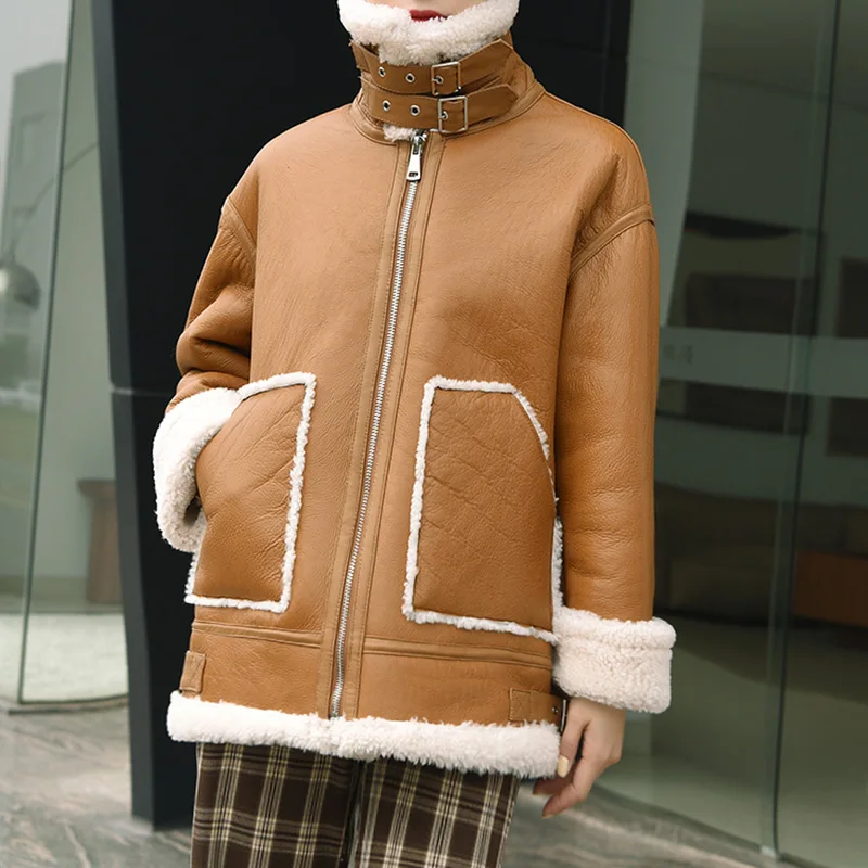 2023 New Spring Women's Leather Jacket Double Face Lamb Fur Lining Thick Coat Sheepskin Leather Long Jackets DJ3905