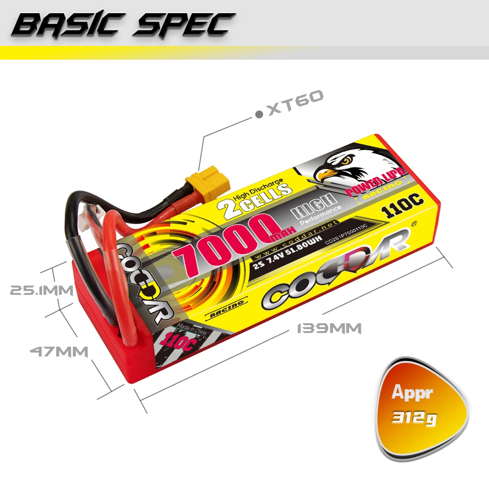 

Аккумулятор CODDAR Lipo, 7,4 В, 7000 мАч, 110C, штекер XT90 XT60