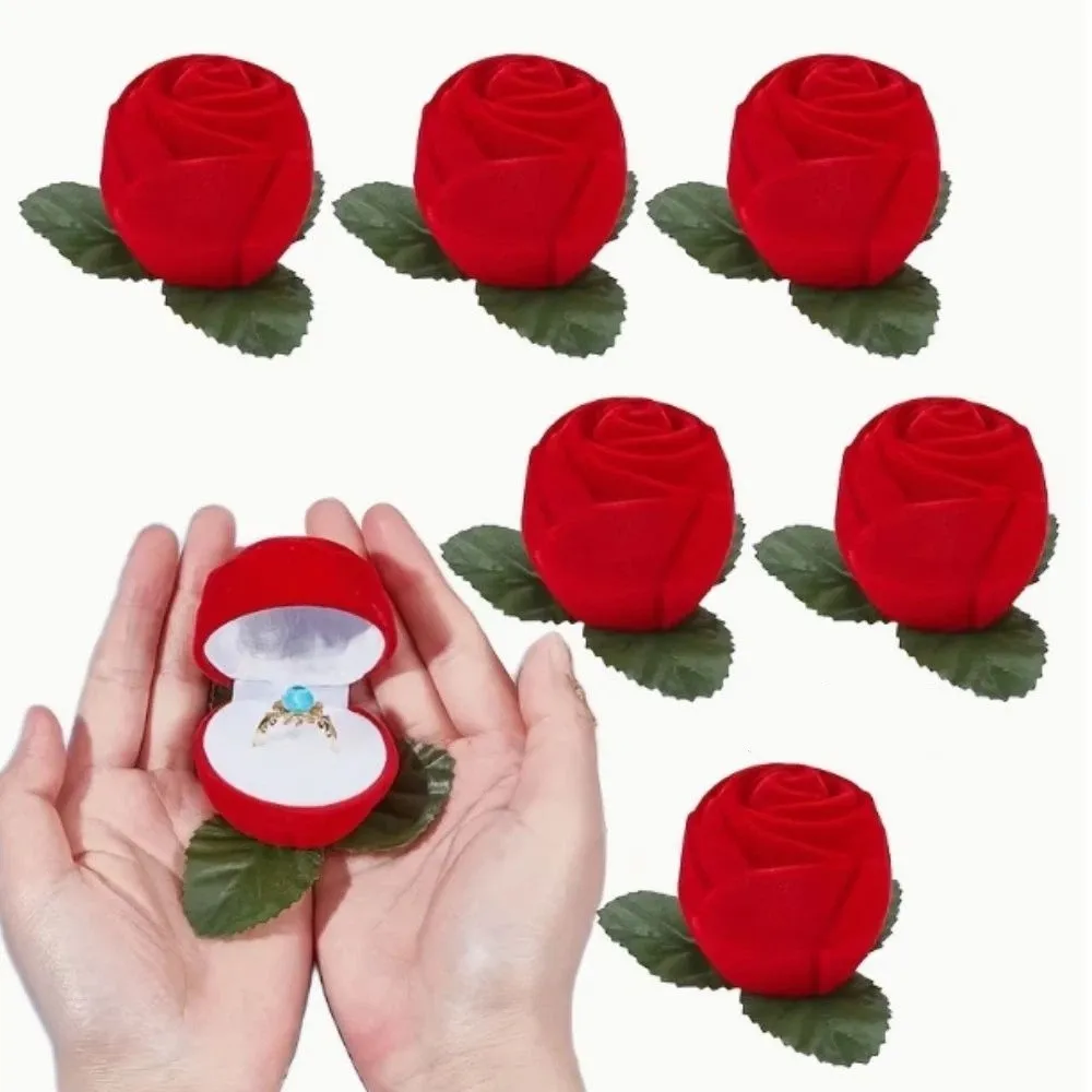Фото Коробка для кольца из красного бархата с листьями, романтическая коробка для кольца с розой на День святого Валентина, флокированная коробка для обручального кольца в форме цветка №2