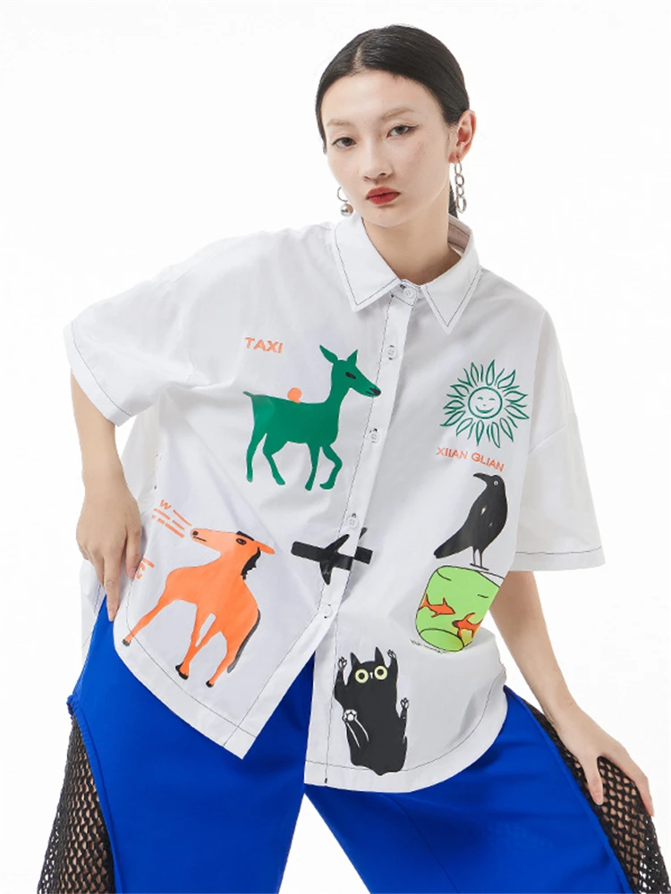 

Fashion Print Short Sleeve Shirt for Women 2022 Summer Vintage Streetwear Hip Hop Harajuku Loose Casual Tops Blouse Female 0521