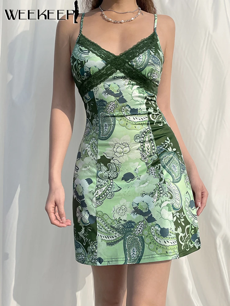 

Weekeep Summer Dresses Green Sexy Lace Patchwork V Neck Mini Strap Dress Backless Harajuku Y2k Fairycore Sundress Women Clothing