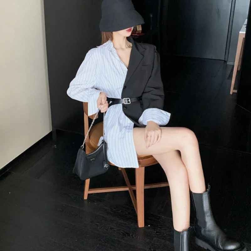 Women Korean Vintage Patchwork Blazers Fashion High Street White Black Blazer 2023 Spring Autumn Chic Slim Outwear All-match