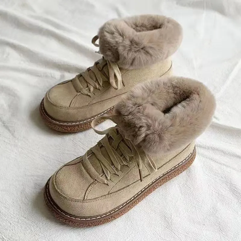 Snow Boots Women's Winter Plush Warm Cotton Shoes Women Lace-up Waterproof Non-slip Thick Bottom Rabbit Fur Boots Botas Mujer