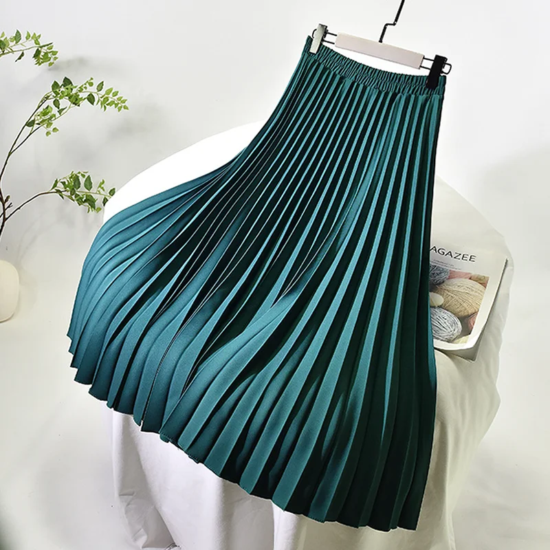 

Zeolore Spring Pleated Elegant Casual Skirt Fashion White Green Midi Long Skirts Women High-waisted Solid A-line Skirt QT619