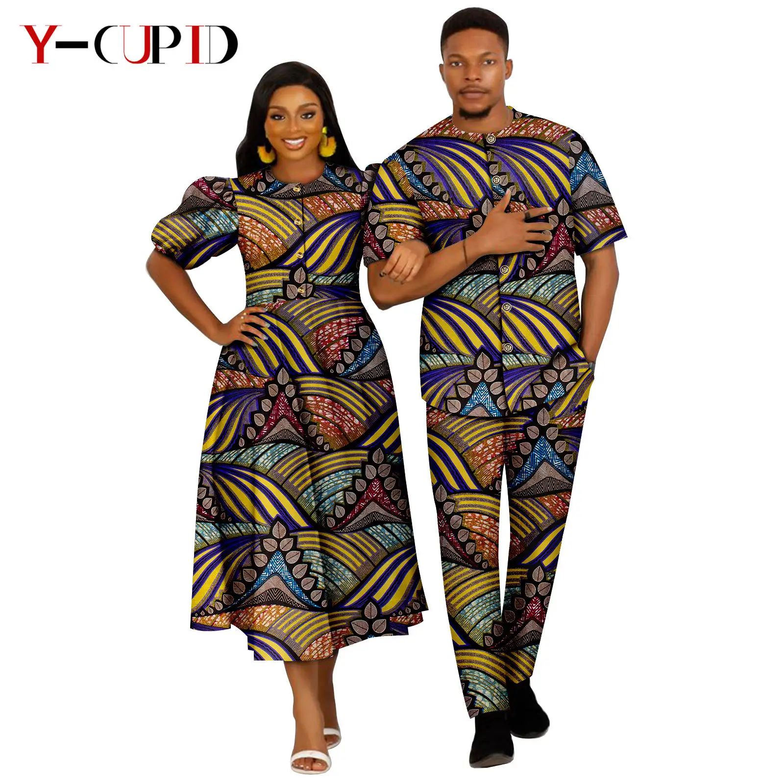 African Print Dresses for Women Matching Couples Clothes Dashiki Men Outfit Bazin Riche Top Shirt and Pant Sets 24C074