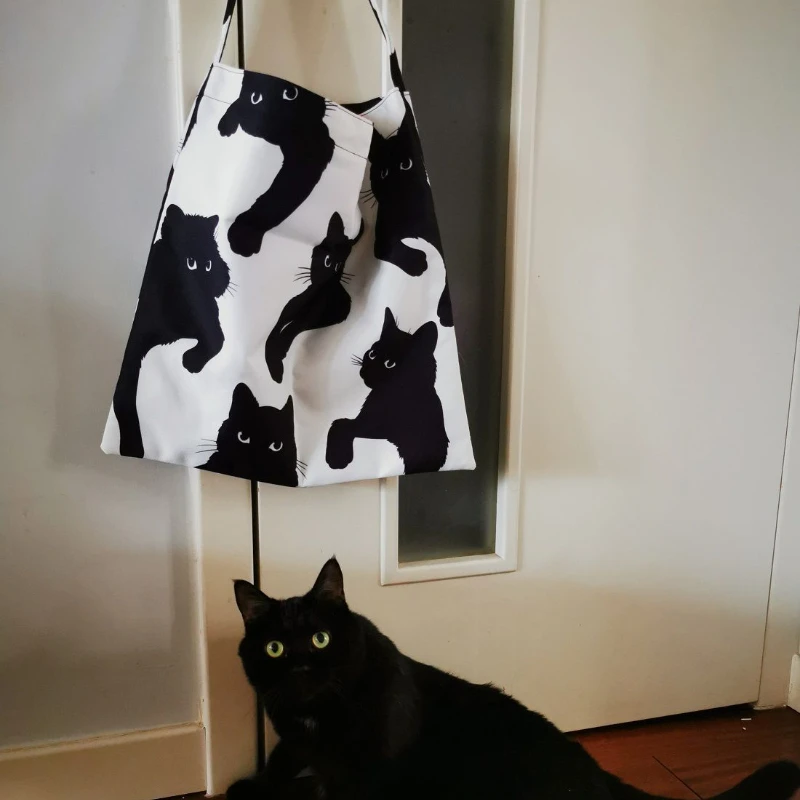 

MBTI Cute Tote Bags for Women Luxury Designer Handbag Kawaii Black Cats Print Harajuku Large Capacity Nylon Student Shopper Bag