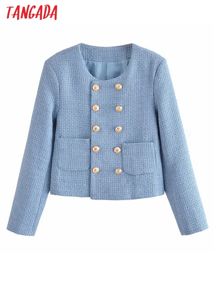 

Tangada 2023 Women Blue Tweed Cropped Coat Vintage Long Sleeve Pockets Female Outerwear 1T08