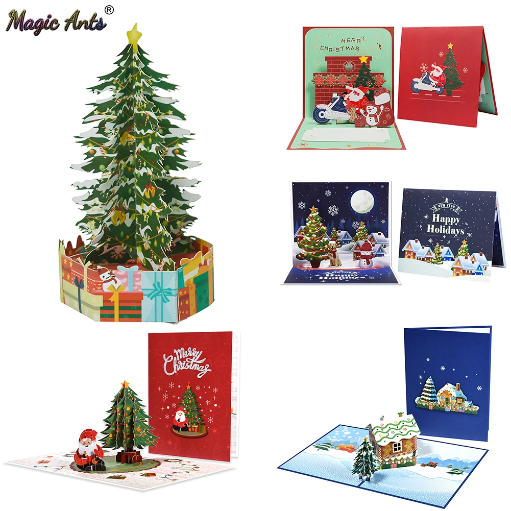 

Merry Christmas Cards Christmas Tree Winter Gift Pop-Up Cards Christmas Decoration Stickers Laser Cut New Year Greeting Cards