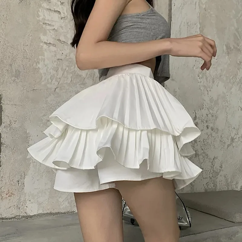 

2023 Summer Layered Cake Mini Skirt Women Double Ruffles Y2K Short Skirts Woman Solid Color High Waist Skirt Female
