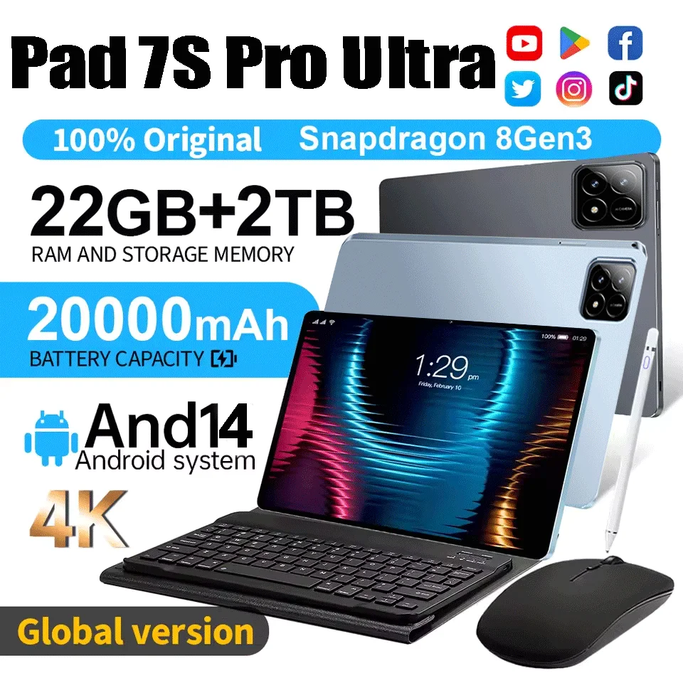 Фото Новая глобальная версия 5G Tablet PC Pad 7S Pro Ultra 4K HD Snapdragon 8 Gen3 20000 мАч 22 ГБ + 2 ТБ Android14 Dual SlM WlFl Mi Tablet №1