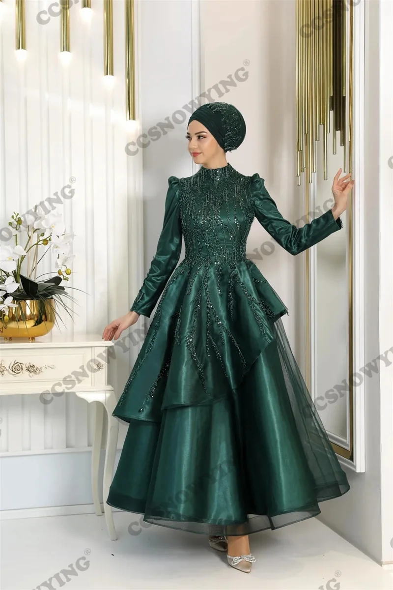 

Зеленое вечернее платье из органзы, мусульманское платье с длинным рукавом, исламское официальное платье, Женский Арабский кафтан, вечернее платье