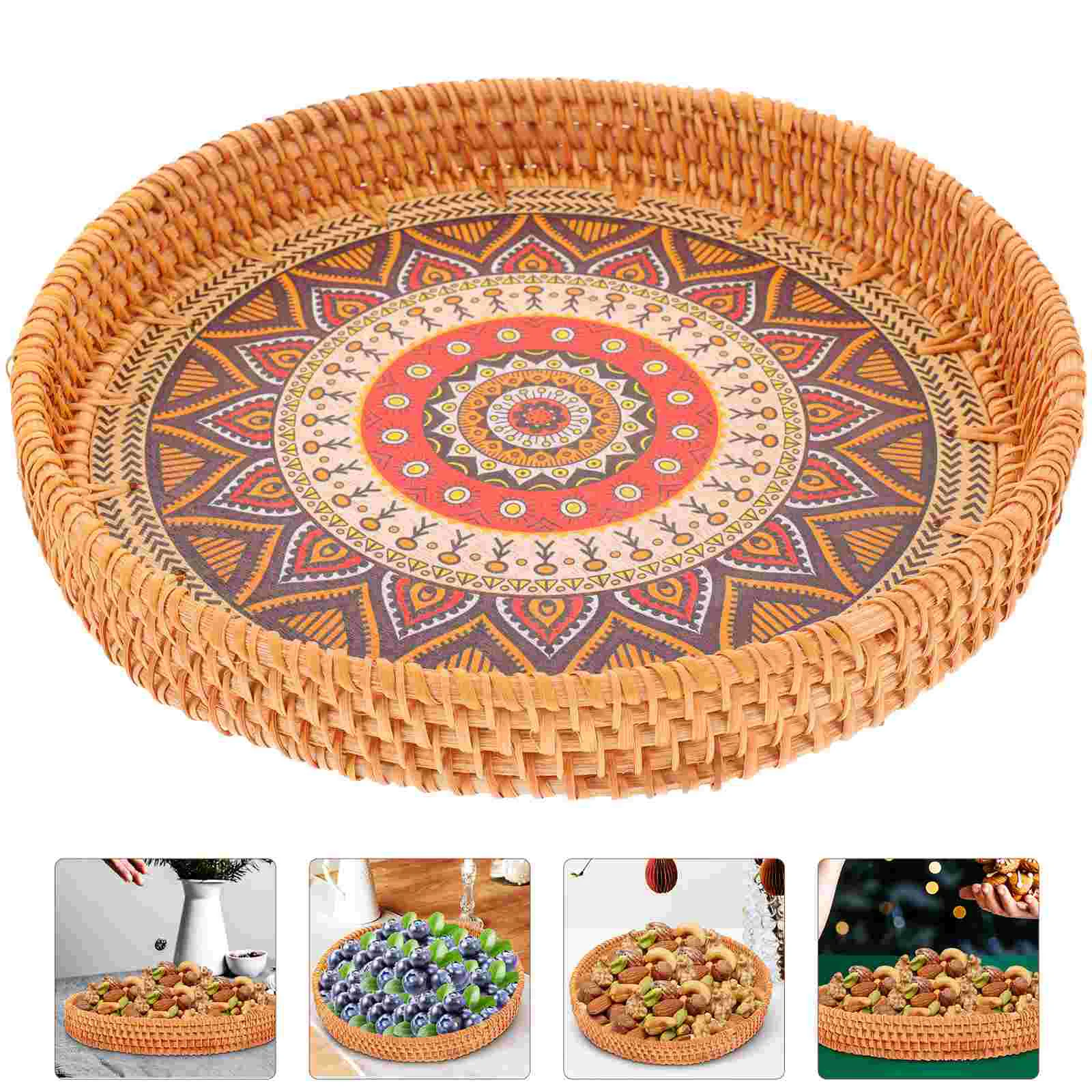 

Tray Basket Rattan Storage Woven Fruit Wicker Snack Plate Platter Bread Coffee Serving Organizer Round Candy Picnic Drinks