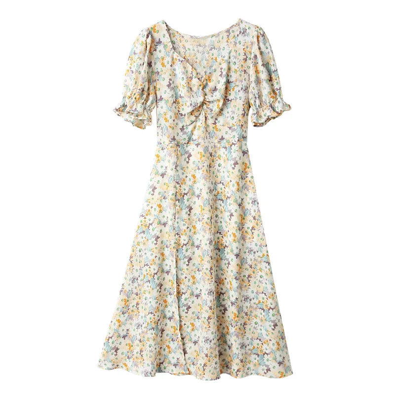 

Summer Chiffon Floral Dress for Women Fairy Bubble Sleeve Thin Long Skirt