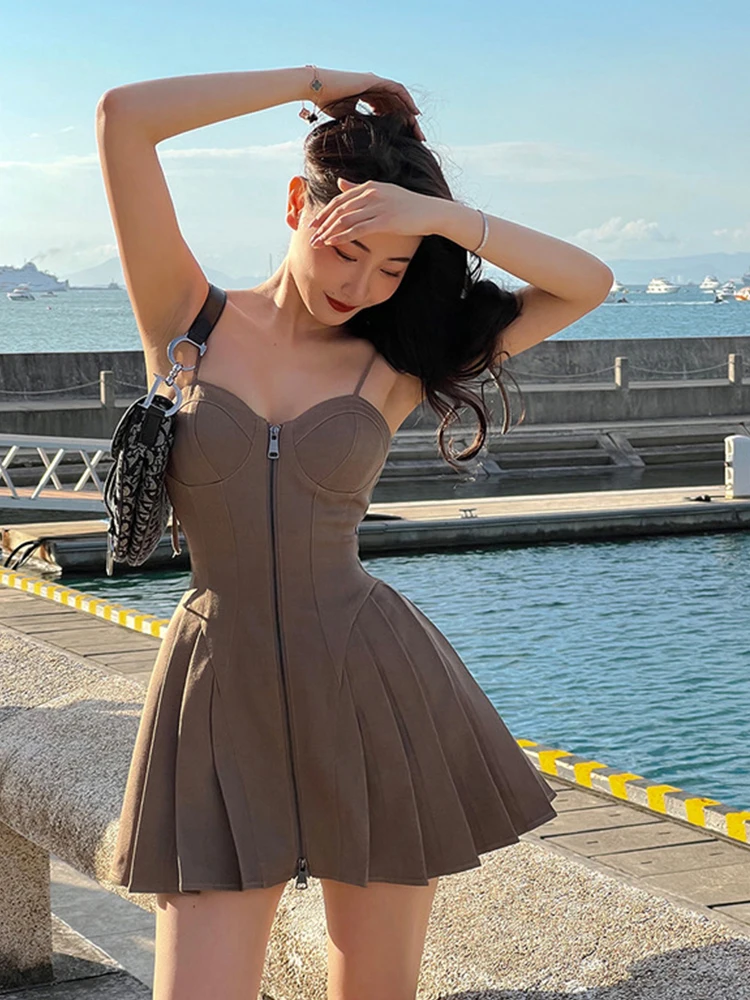 

Женское пикантное однотонное тонкое платье без рукавов с V-образным вырезом, на бретельках, модное винтажное платье-трапеция на молнии, женское мини-платье