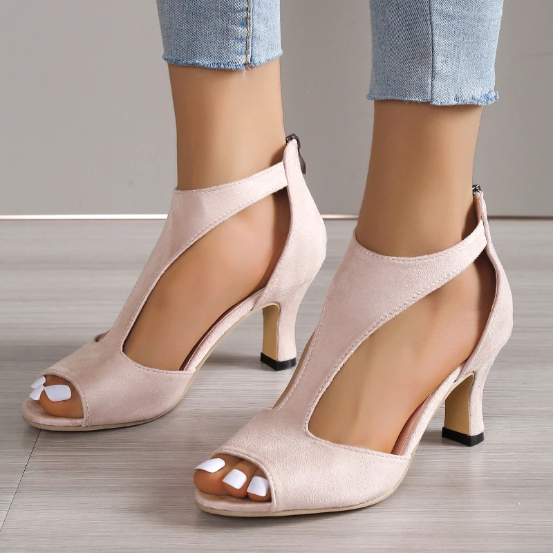 2023 New Simple and Fashionable Back Zipper Fishmouth Shoes Women's Summer Stiletto Roman Sandals Womens Shoes Chaussure Femme