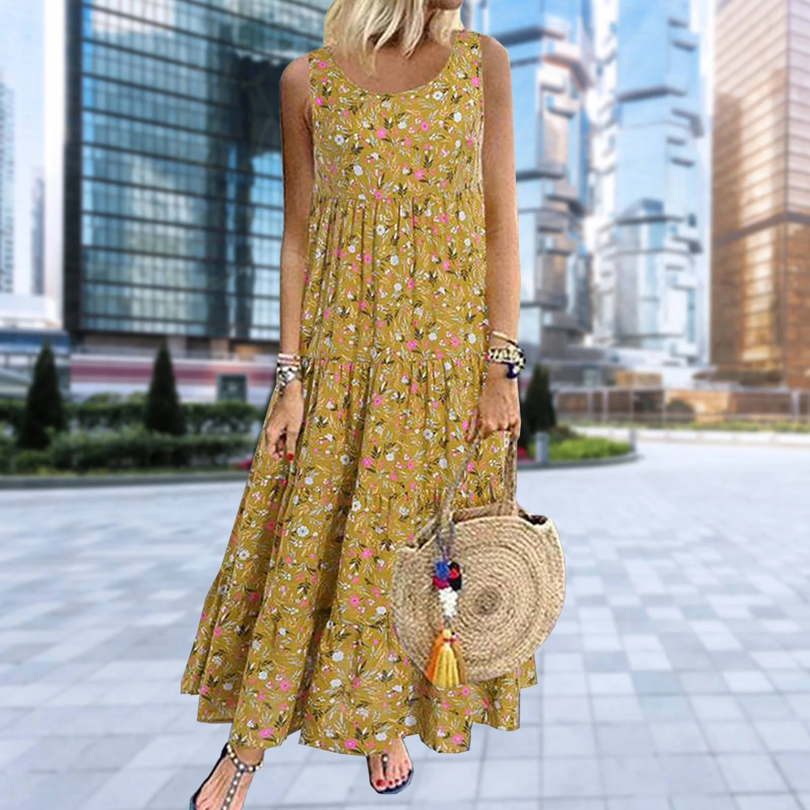 

Женское винтажное платье с цветочным принтом, Длинное свободное плиссированное платье без рукавов с круглым вырезом, Пляжное платье, лето 2023