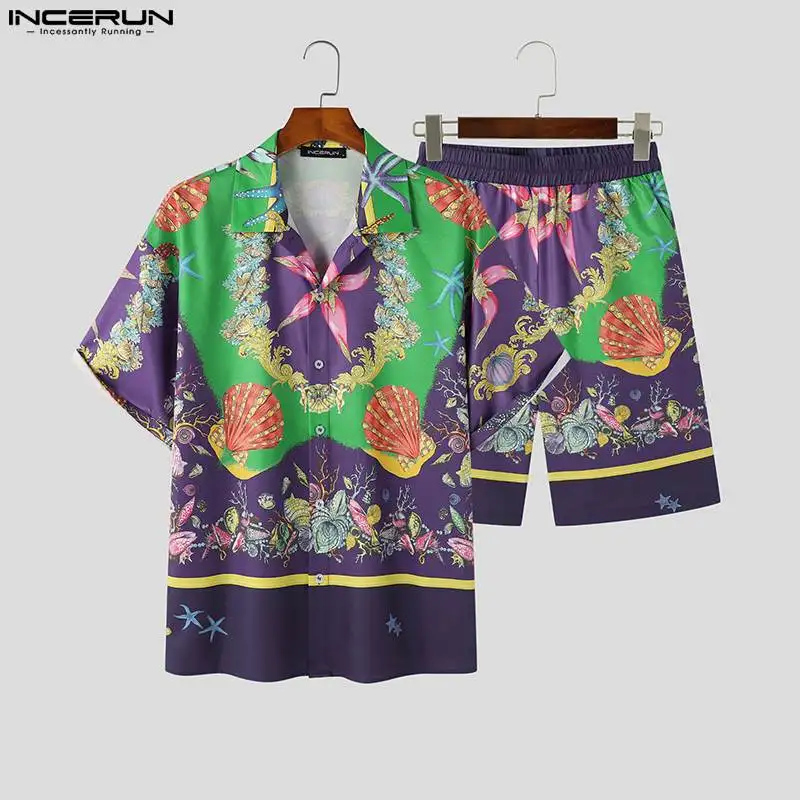 

INCERUN Men Sets Printing Vacation Streetwear Summer 2023 Lapel Short Sleeve Shirt & Shorts 2PCS Casual Men Hawaiian Suits S-5XL
