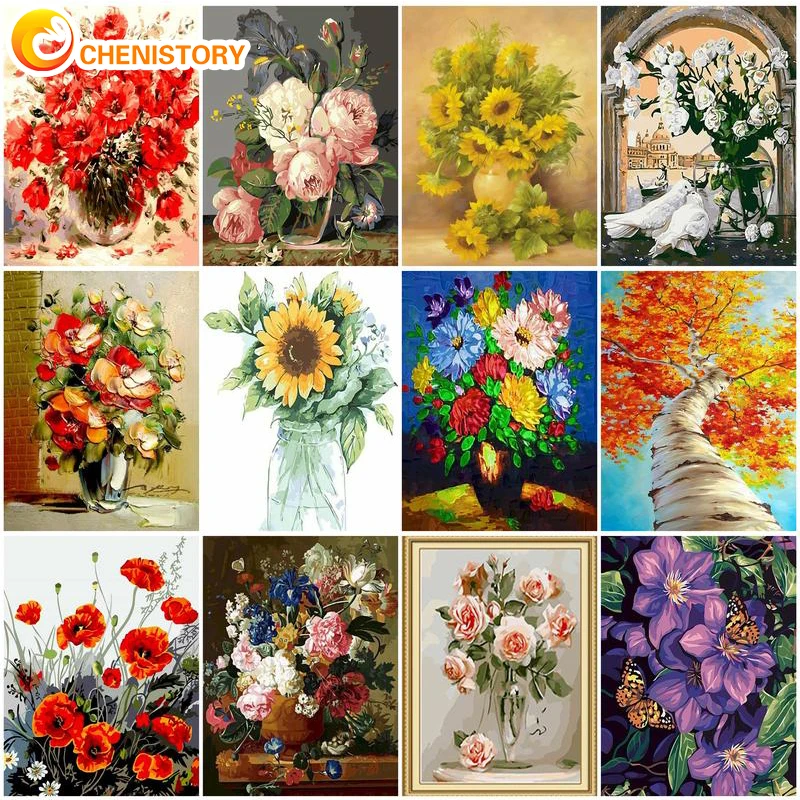 

CHENISTORY Oil Painting By Numbers Flower On Canvas With Frame Hand Painted Drawing Paints For Adults Coloring By Number Decorat