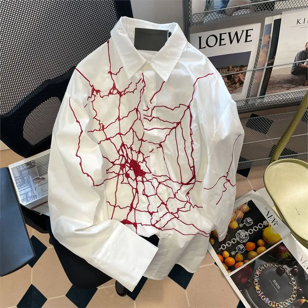 

American retro spider web embroidery longsleeved ladies shirt 2022 spring and autumn loose high street hiphop jacket white shirt