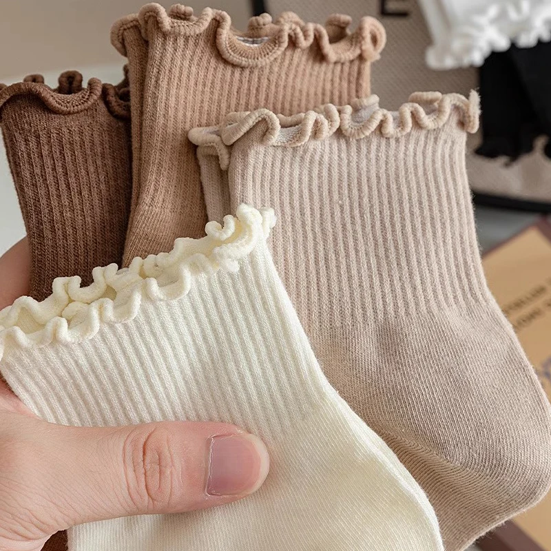 4 пары хлопковых носков до щиколотки с оборками женские осенние черные белые