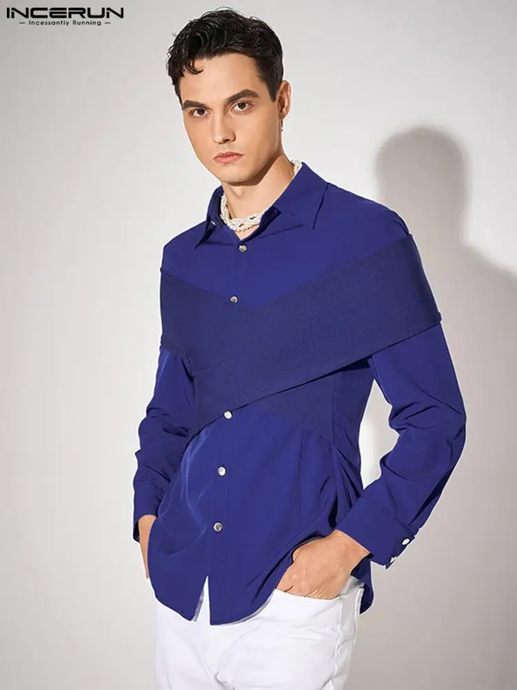 INCERUN Tops 2022 American Style Men's Fork Design Fake Two Solid Color Blouse Stylish Male Personality Long Sleeve Shirts S-5XL