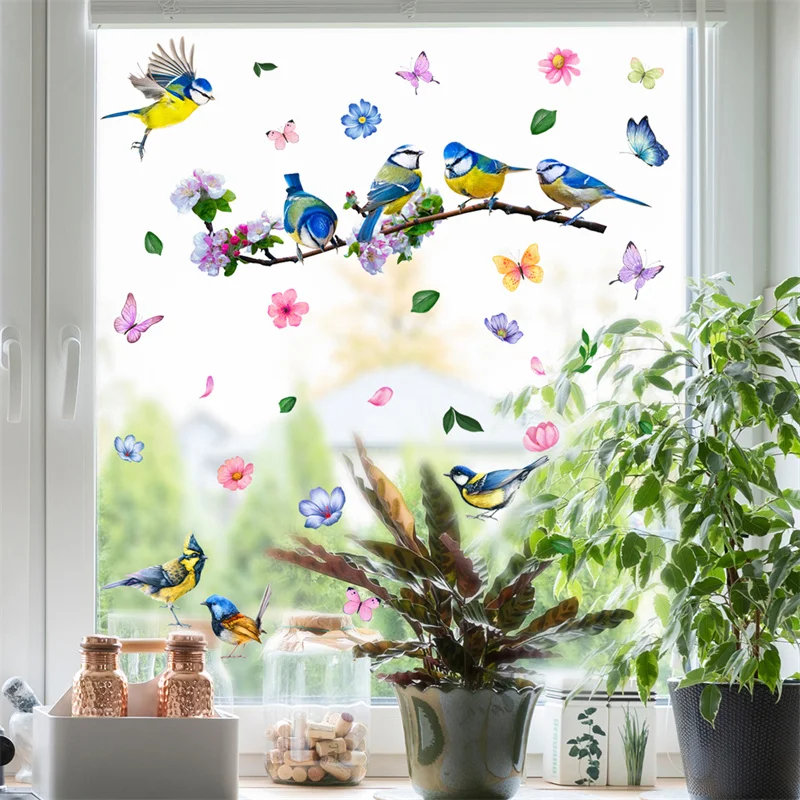 Birds Stickers Window Decor Vinyl Art Spring Flowers Glass Wall Decal for Home Bathroom Kids Room Decoration One Pieces Posters