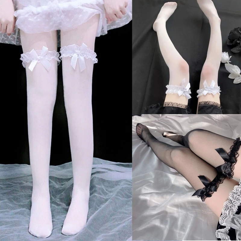 

Y166 Sexy Over The Knee Long Socks Lolita Bowknot Ruffle Long Stocking Elastic