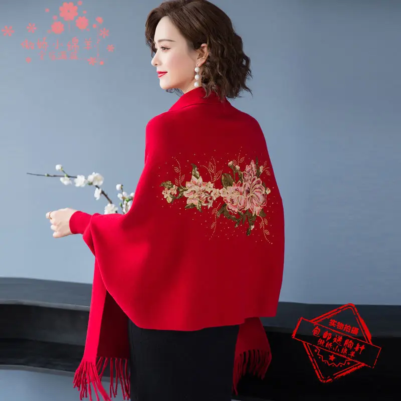 

Autumn and winter poncho cashmere shawl jacket with cheongsam outside with sleeves tassel embroidered cape shawl women coat