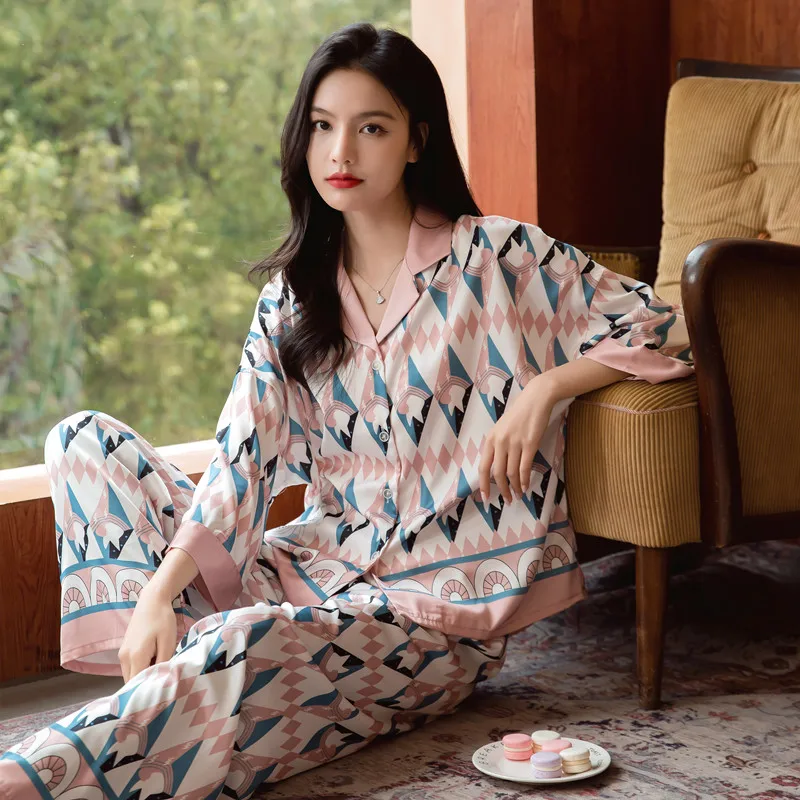 Women's Pajamas Set  Geometric Print Design High Quality Ice Silk  Silky Touch Sleepwear Nightwear Casual Home Woman Loungewear