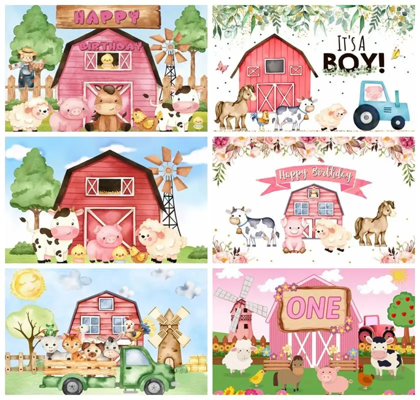 

Laeacco Cartoon Farm Birthday Background Pink Barn Cute Animals Scarecrow Kids Child Portriat Customized Photography Backdrop
