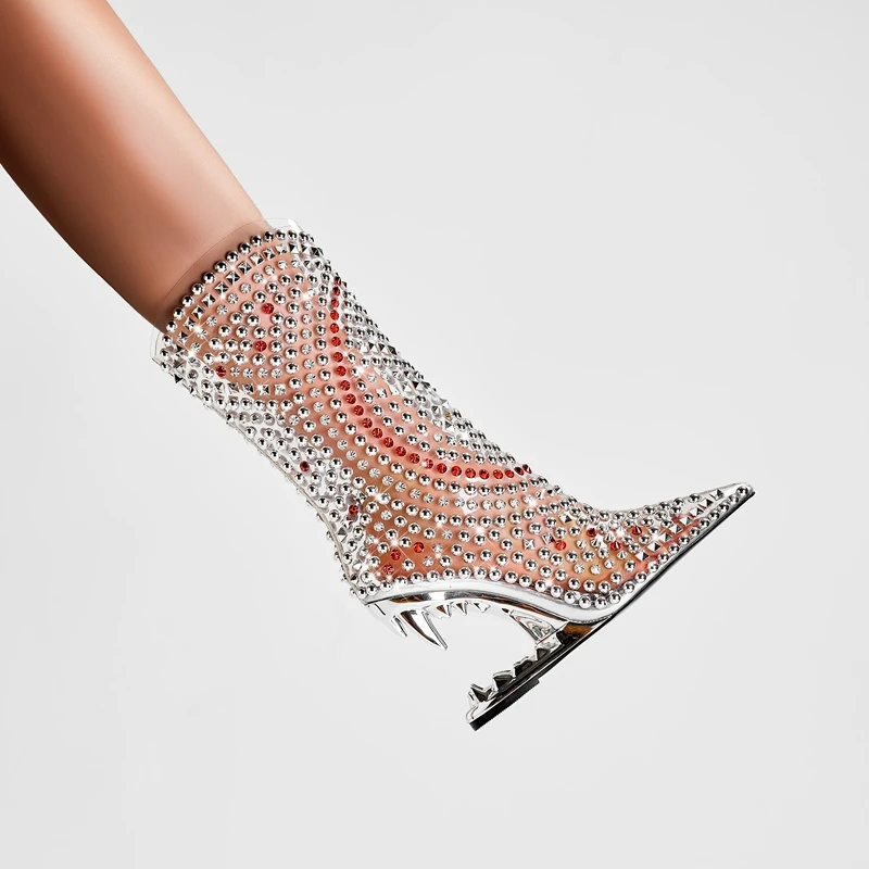 Женские ботинки на высоком каблуке Kaky прозрачные сапоги с острым носком короткие