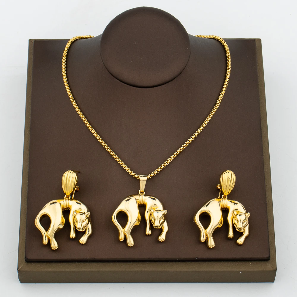 

Lion Design Pendant Earrings Jewelry Set African Golden Plated Statement Necklace Birthday Gifts Women Fashion Dress Jewelry