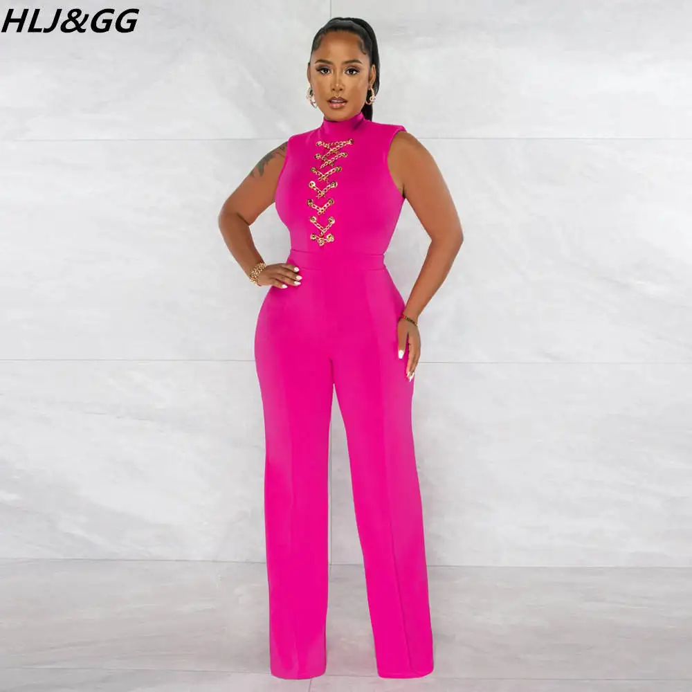 

HLJ&GG Fashion Sleeveless Lace Up Design Jumpsuit Women Round Neck Slim Wide Leg Pants Playsuit Casual Solid Party Club Clothing