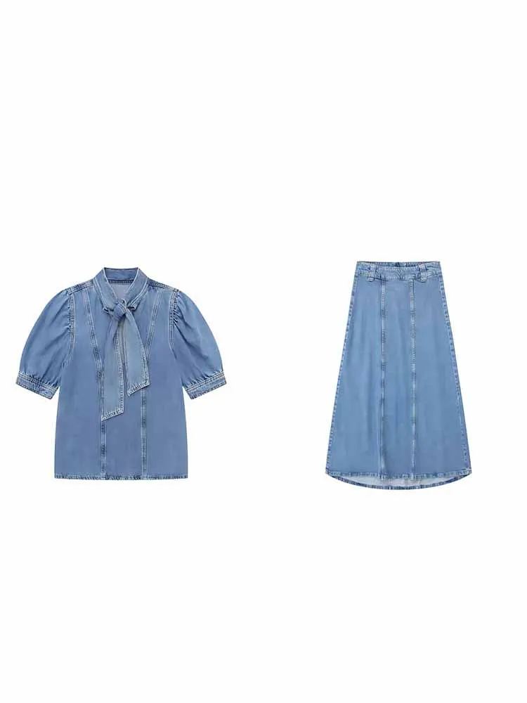 

Women New Fashion Bowknot decoration Denim Blouses Short Sleeve Female Shirts Chic Tops + skirt Women's suit 6164/169
